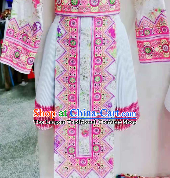 China Photography Clothing Hmong Ethnic Dance White Dress Outfits Traditional Yunnan Minority Folk Dance Garment Costumes Miao Nationality Woman Clothing