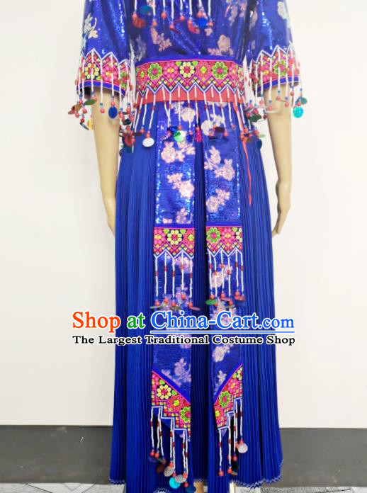 China Traditional Yunnan Minority Bride Garments Miao Nationality Wedding Costume Photography Clothing Hmong Ethnic Dance Blue Dress Outfits