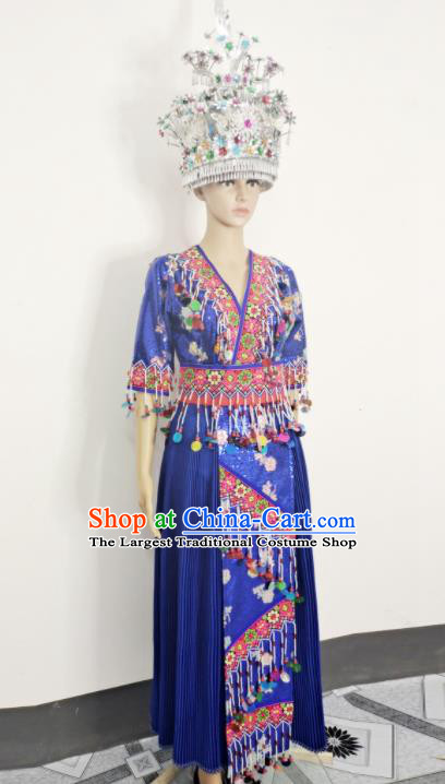 China Traditional Yunnan Minority Bride Garments Miao Nationality Wedding Costume Photography Clothing Hmong Ethnic Dance Blue Dress Outfits