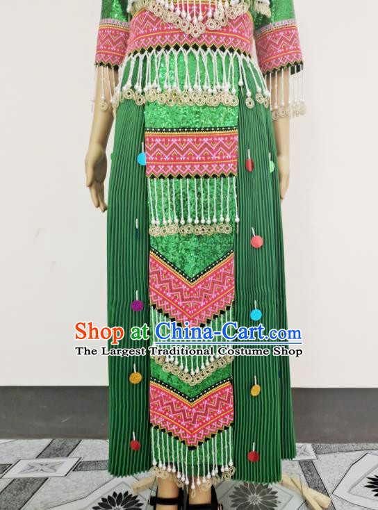 China Hmong Ethnic Dance Green Dress Outfits Traditional Yunnan Minority Bride Garments Miao Nationality Wedding Costume Photography Clothing