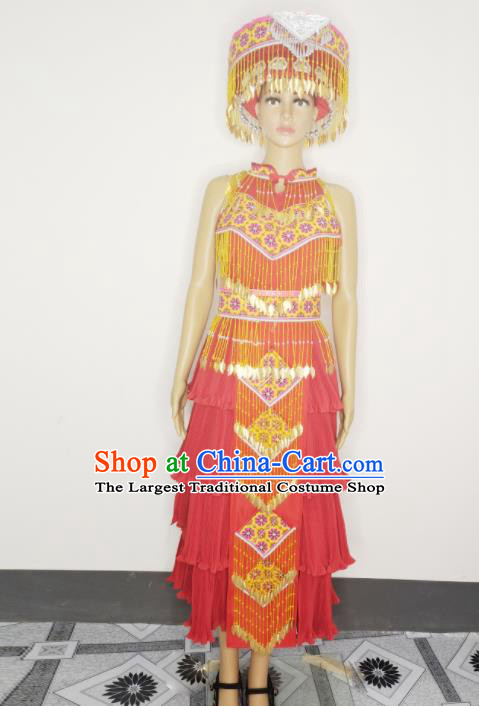 China Ethnic Photography Clothing Traditional Hmong Dance Red Dress Outfits Yunnan Minority Bride Garments Miao Nationality Wedding Costumes