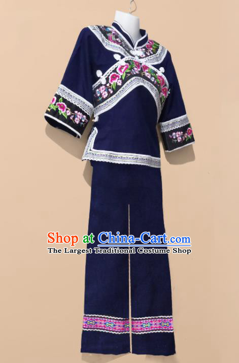 Chinese Guizhou Ethnic Woman Navy Outfits Bouyei Nationality Embroidery Garment Costumes Zhuang Minority Folk Dance Clothing
