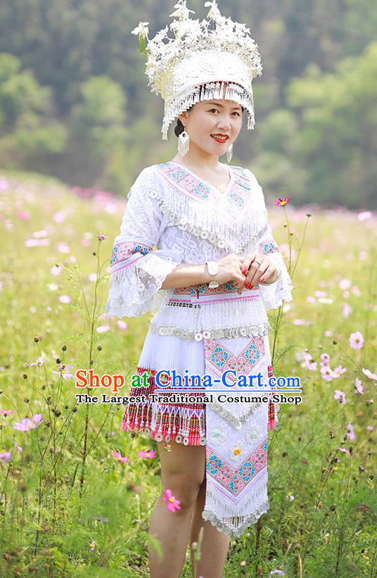 China Miao Nationality Woman Clothing Photography Clothing Hmong Ethnic Dance White Dress Outfits Traditional Yunnan Minority Garment Costumes