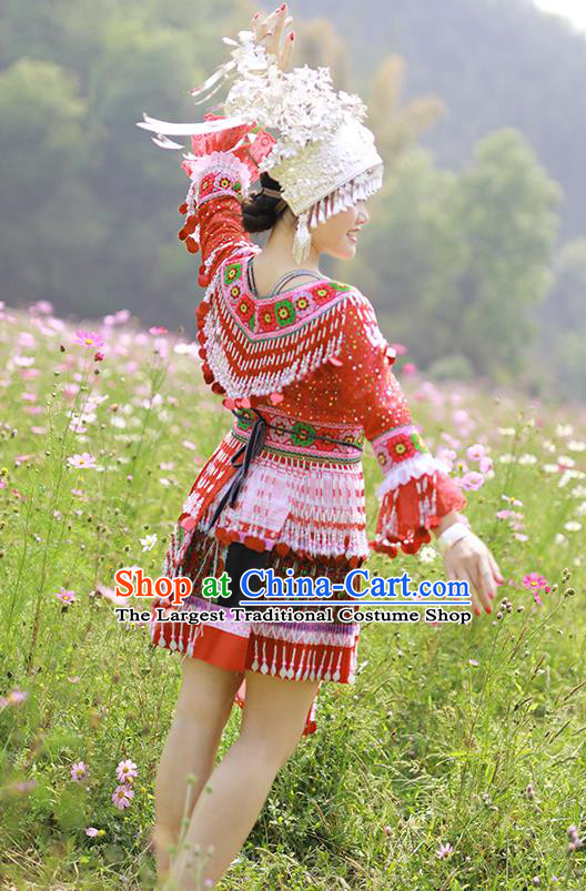 China Traditional Yunnan Minority Garment Costumes Miao Nationality Woman Clothing Photography Clothing Hmong Ethnic Dance Red Dress Outfits