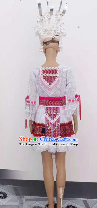 China Traditional Hmong Festival White Dress Outfits Yunnan Minority Woman Garments Miao Nationality Folk Dance Costumes Ethnic Performance Clothing