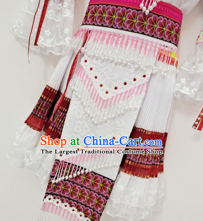 China Traditional Hmong Festival White Dress Outfits Yunnan Minority Woman Garments Miao Nationality Folk Dance Costumes Ethnic Performance Clothing