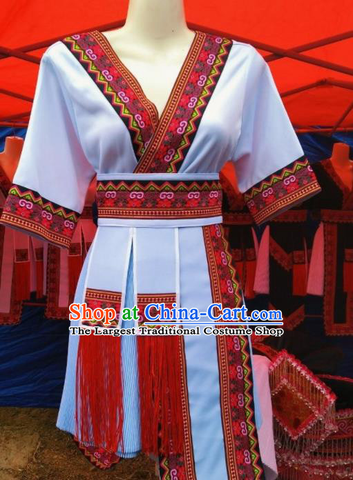 China Traditional Hmong Folk Dance White Dress Outfits Yunnan Minority Festival Garments Miao Nationality Wedding Costumes Ethnic Performance Clothing