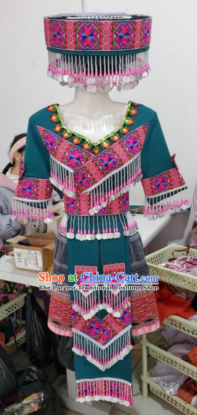China Yunnan Ethnic Performance Clothing Traditional Hmong Female Green Dress Outfits Guizhou Minority Garments Miao Nationality Folk Dance Costumes