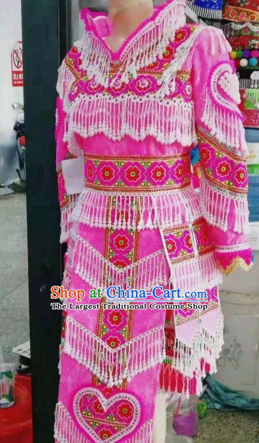 China Miao Nationality Folk Dance Costumes Yunnan Ethnic Wedding Clothing Traditional Hmong Bride Pink Dress Outfits Guizhou Minority Garments
