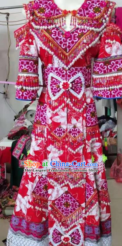 China Guizhou Minority Bride Garments Miao Nationality Folk Dance Costumes Yunnan Ethnic Wedding Clothing Traditional Hmong Woman Red Dress Outfits