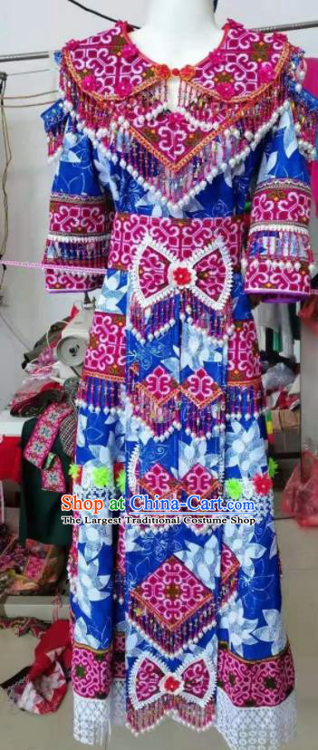 China Traditional Hmong Dance Blue Dress Outfits Guizhou Minority Bride Garments Miao Nationality Performance Costumes Yunnan Ethnic Wedding Clothing