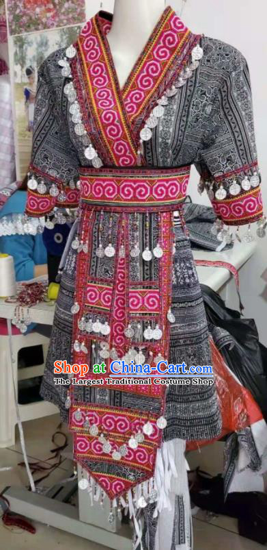 China Miao Nationality Costumes Ethnic Performance Clothing Traditional Hmong Folk Dance Grey Dress Outfits Yunnan Minority Female Garments