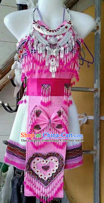 China Yunnan Minority Female Garments Miao Nationality Costumes Ethnic Performance Clothing Traditional Hmong Folk Dance Pink Dress Outfits
