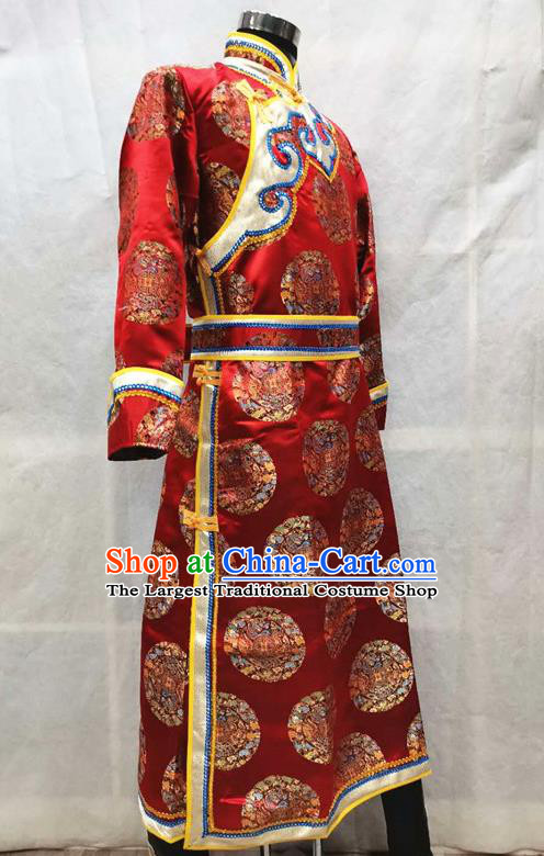 Chinese Red Satin Mongolian Robe Ethnic Wedding Costume Mongol Nationality Folk Dance Clothing