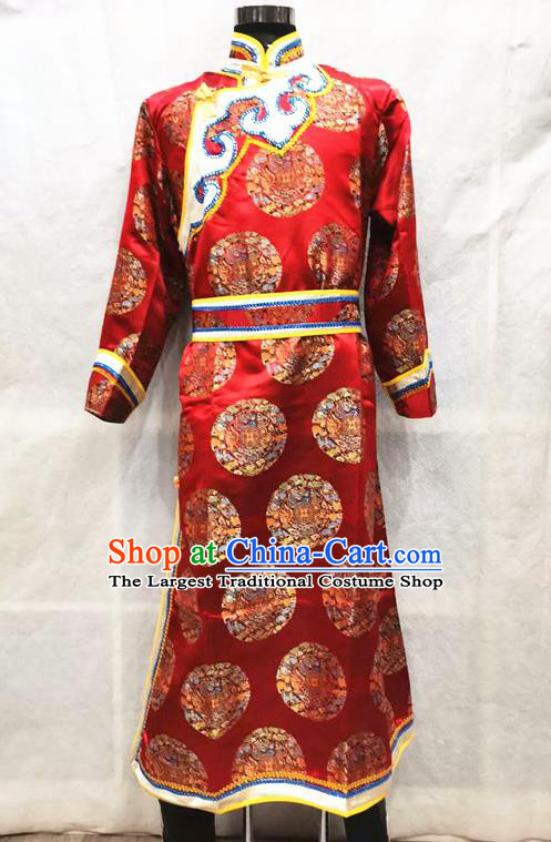 Chinese Red Satin Mongolian Robe Ethnic Wedding Costume Mongol Nationality Folk Dance Clothing