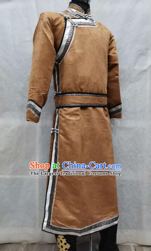 Chinese Ethnic Nadam Festival Costume Mongol Nationality Folk Dance Clothing Light Brown Suede Fabric Mongolian Robe