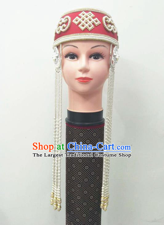 Chinese Ethnic Folk Dance Headdress Mongol Nationality Stage Performance Beads Tassel Hat Mongolian Minority Dance Hair Accessories