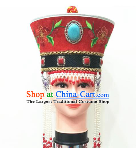 Chinese Mongol Nationality Stage Performance Beads Tassel Red Hat Mongolian Minority Wedding Hair Accessories Ethnic Bride Headdress