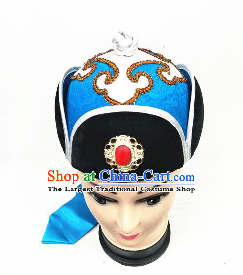 China Mongolian Nationality Boys Dance Headdress Ancient Yuan Dynasty Prince Headwear Handmade Children Blue Satin Hat