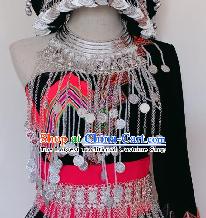 China Miao Nationality Bride Costumes Ethnic Clothing Traditional Hmong Folk Dance Black Dress Outfits Yunnan Minority Performance Garments