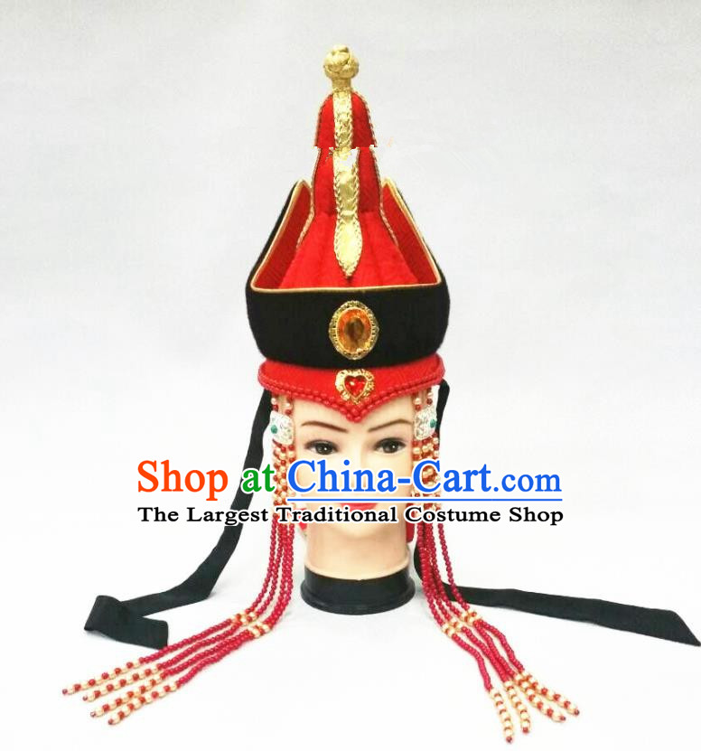 Chinese Mongolian Minority Wedding Hair Accessories Ethnic Bride Headdress Mongol Nationality Performance Red Hat