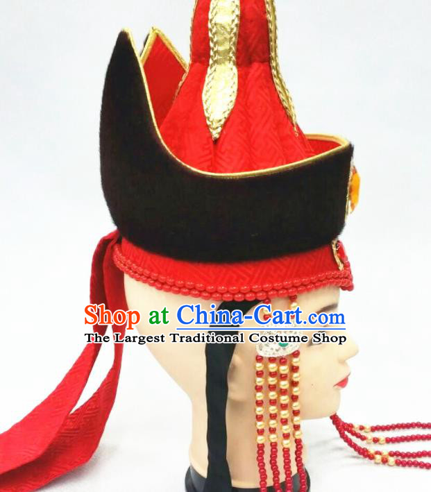 Chinese Mongolian Minority Wedding Hair Accessories Ethnic Bride Headdress Mongol Nationality Performance Red Hat
