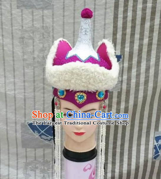Chinese Mongol Nationality Bride Tassel Purple Hat Mongolian Minority Wedding Hair Accessories Ethnic Stage Performance Headdress