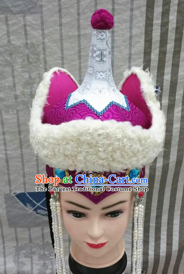 Chinese Mongol Nationality Bride Tassel Purple Hat Mongolian Minority Wedding Hair Accessories Ethnic Stage Performance Headdress