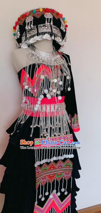 China Miao Nationality Bride Costumes Ethnic Clothing Traditional Hmong Folk Dance Black Dress Outfits Yunnan Minority Performance Garments