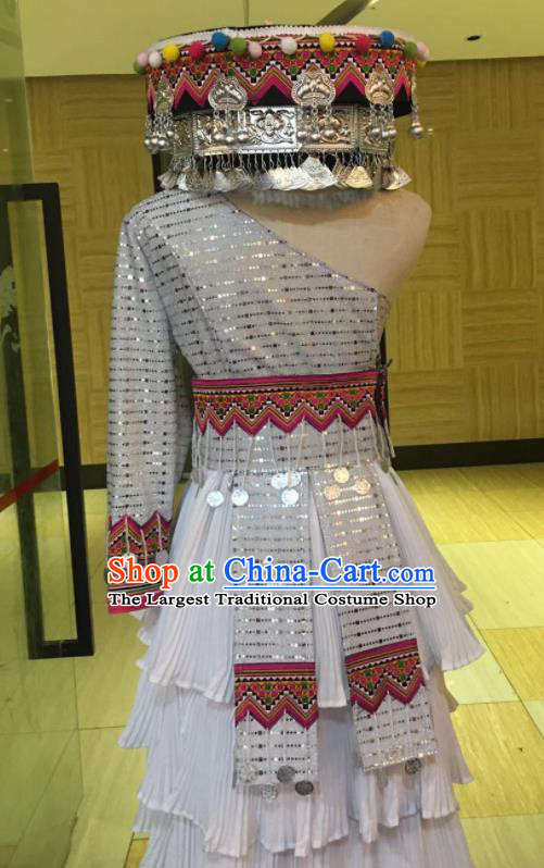 China Yunnan Minority Folk Dance Garments Miao Nationality Bride Costumes Ethnic Clothing Traditional Hmong Wedding White Dress Outfits