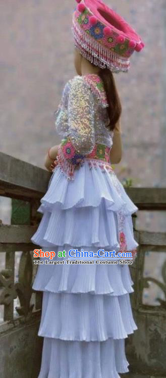 China Ethnic Wedding Clothing Traditional Hmong White Dress Outfits Yunnan Minority Folk Dance Garments Miao Nationality Performance Costumes