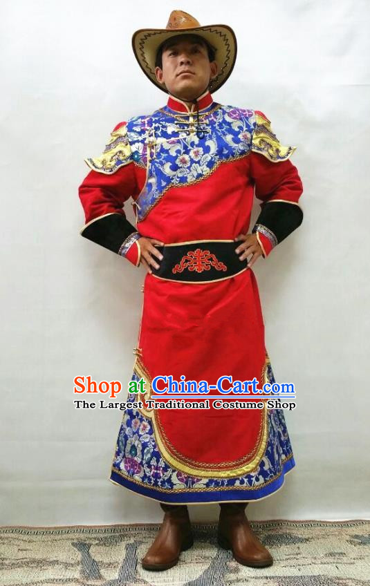 Chinese Ethnic Festival Performance Costume Mongol Nationality Folk Dance Clothing Traditional Bridegroom Red Mongolian Robe