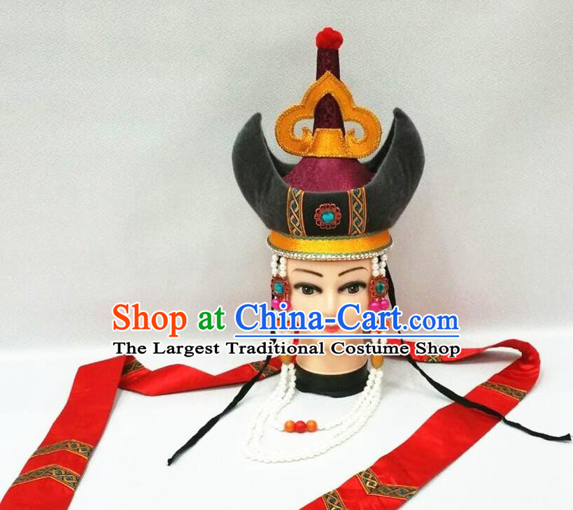 Chinese Mongolian Minority Wedding Hair Accessories Ethnic Stage Performance Headdress Mongol Nationality Bride Long Ribbon Hat