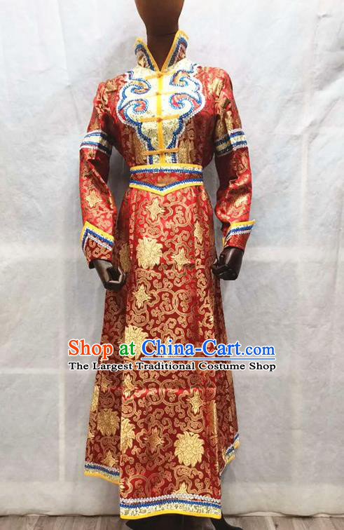 China Moggol Nationality Performance Clothing Traditional Mongolian Folk Dance Red Brocade Dress Mongol Minority Wedding Garments
