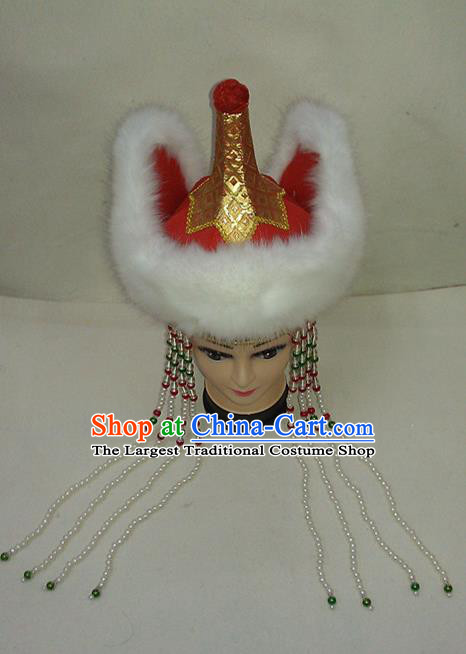 Chinese Mongol Nationality Bride Red Hat Mongolian Minority Wedding Hair Accessories Ethnic Stage Performance Headdress