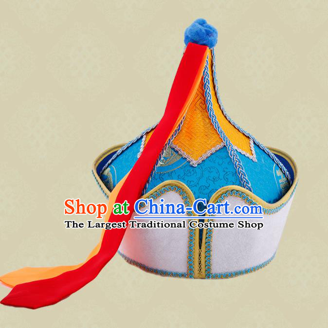 Chinese Ethnic Stage Performance Headdress Mongol Nationality Blue Satin Hat Mongolian Minority Female Hair Accessories