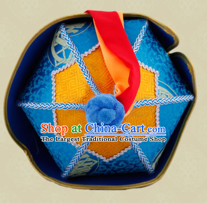 Chinese Ethnic Stage Performance Headdress Mongol Nationality Blue Satin Hat Mongolian Minority Female Hair Accessories