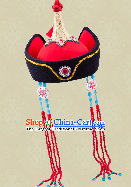 Chinese Mongolian Minority Imperial Consort Hair Accessories Ethnic Stage Performance Headdress Mongol Nationality Wedding Bride Red Hat