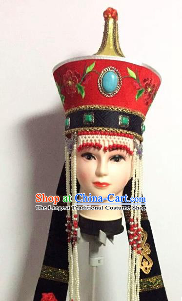 Chinese Ethnic Wedding Headdress Mongol Nationality Bride Red Hat Mongolian Minority Folk Dance Hair Accessories