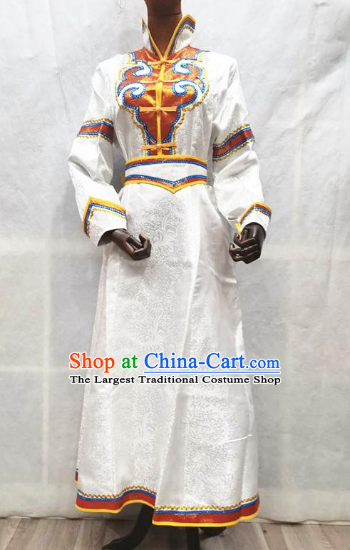 China Moggol Nationality Performance Clothing Traditional Mongolian Folk Dance White Brocade Dress Mongol Minority Woman Garments