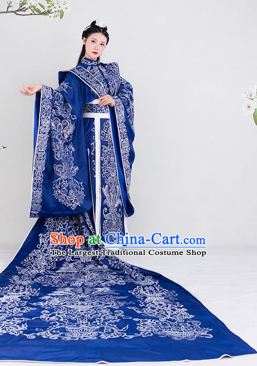 China Ancient Goddess Queen Blue Hanfu Dress Ming Dynasty Wedding Bride Historical Clothing Traditional Drama Eternal Love of Dream Bai Fengjiu Garment Costumes