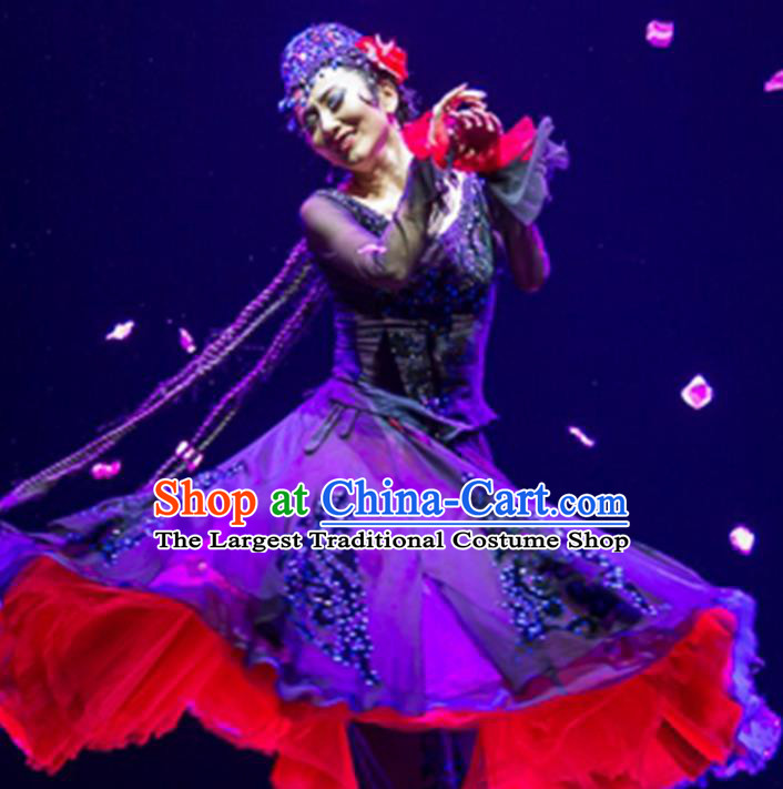 Chinese Uyghur Nationality Woman Clothing Traditional Xinjiang Ethnic Performance Purple Dress Outfits Uighur Minority Folk Dance Apparels