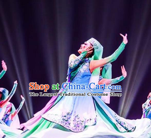 Chinese Hui Minority Folk Dance Apparels Hui Nationality Woman Clothing Traditional Ningxia Ethnic Performance Blue Dress Outfits