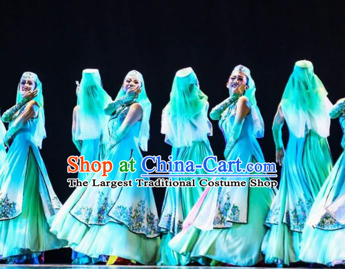 Chinese Hui Minority Folk Dance Apparels Hui Nationality Woman Clothing Traditional Ningxia Ethnic Performance Blue Dress Outfits