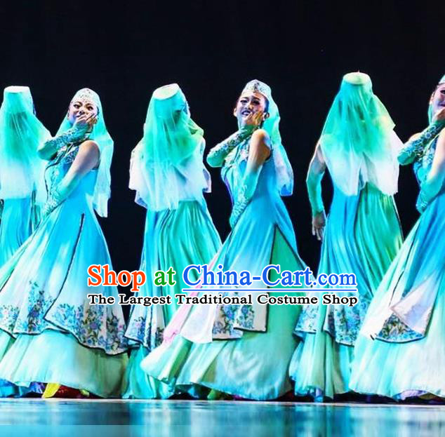 Chinese Hui Minority Folk Dance Apparels Hui Nationality Woman Clothing Traditional Ningxia Ethnic Performance Blue Dress Outfits