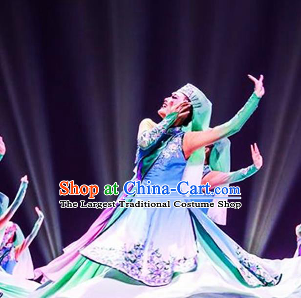 Chinese Hui Minority Folk Dance Apparels Hui Nationality Woman Clothing Traditional Ningxia Ethnic Performance Blue Dress Outfits