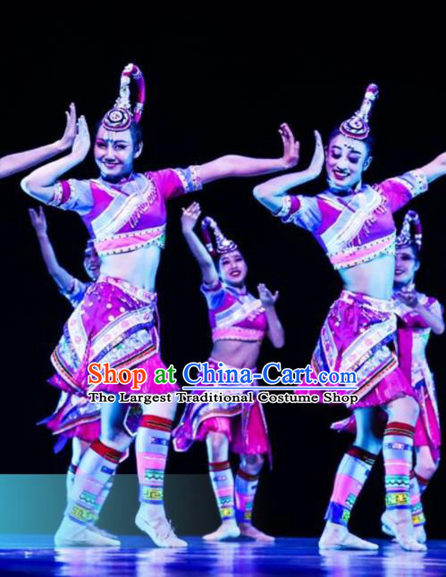 Chinese Hani Nationality Woman Clothing Traditional Ethnic Stage Performance Rosy Dress Outfits She Minority Dance Apparels