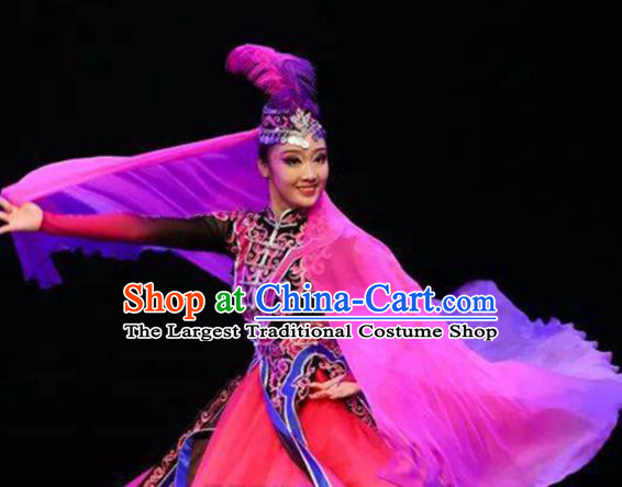 Chinese Uyghur Nationality Woman Dance Clothing Traditional Xinjiang Ethnic Stage Performance Rosy Dress Outfits Uighur Minority Dance Apparels