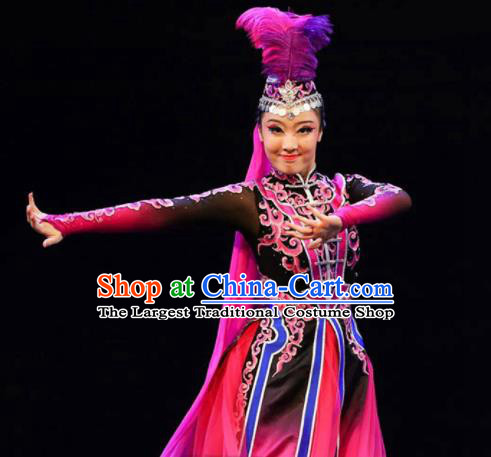 Chinese Uyghur Nationality Woman Dance Clothing Traditional Xinjiang Ethnic Stage Performance Rosy Dress Outfits Uighur Minority Dance Apparels