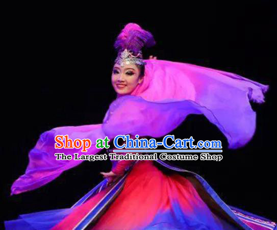 Chinese Uyghur Nationality Woman Dance Clothing Traditional Xinjiang Ethnic Stage Performance Rosy Dress Outfits Uighur Minority Dance Apparels